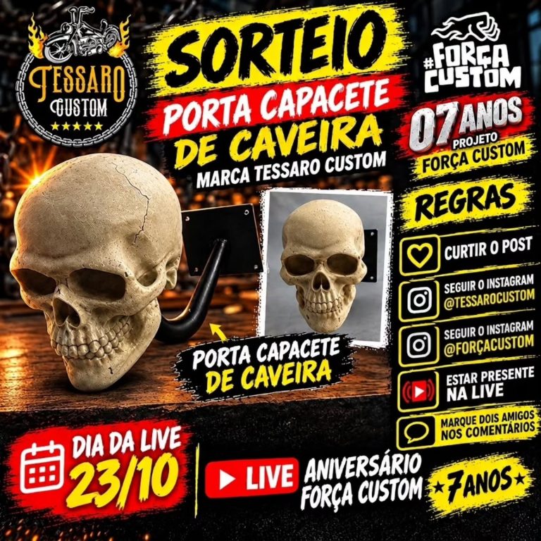 🎉 SORTEIO TESSARO CUSTOM🎉 🏆 PRÊMIO: PORTA CAPACETE 🪖 🎂 ANIVERSÁRIO FORÇA CUSTOM– 7 ANOS! 📅 DIA DA LIVE: 23/10 ⏰ A PARTIR DAS 20:00 ▶️ NO CAN…