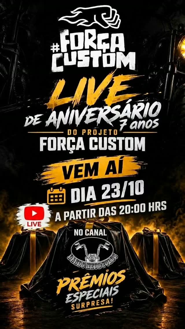 🔥 VEM AÍ O ANIVERSÁRIO DO PROJETO FORÇA CUSTOM! 🏍️ 🎉 7 ANOS DE FORÇA CUSTOM! 🎉 E tem mais: vários prêmios e muitas surpresas esperando por v…