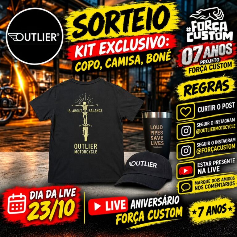 🎉 SORTEIO OUTLIER MOTOCYCLE 🎉 🏆 PRÊMIO: KIT CAMISETA, BONÉ E UM COPO 🎂 ANIVERSÁRIO FORÇA CUSTOM– 7 ANOS! 📅 DIA DA LIVE: 23/10 ⏰ A PARTIR DAS…